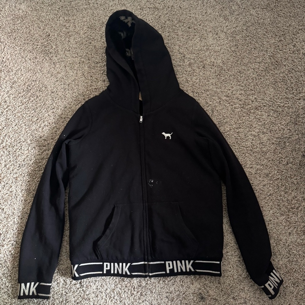 Y2K 2000s Victoria’s Secret PINK Black Zip Up Fur Lined